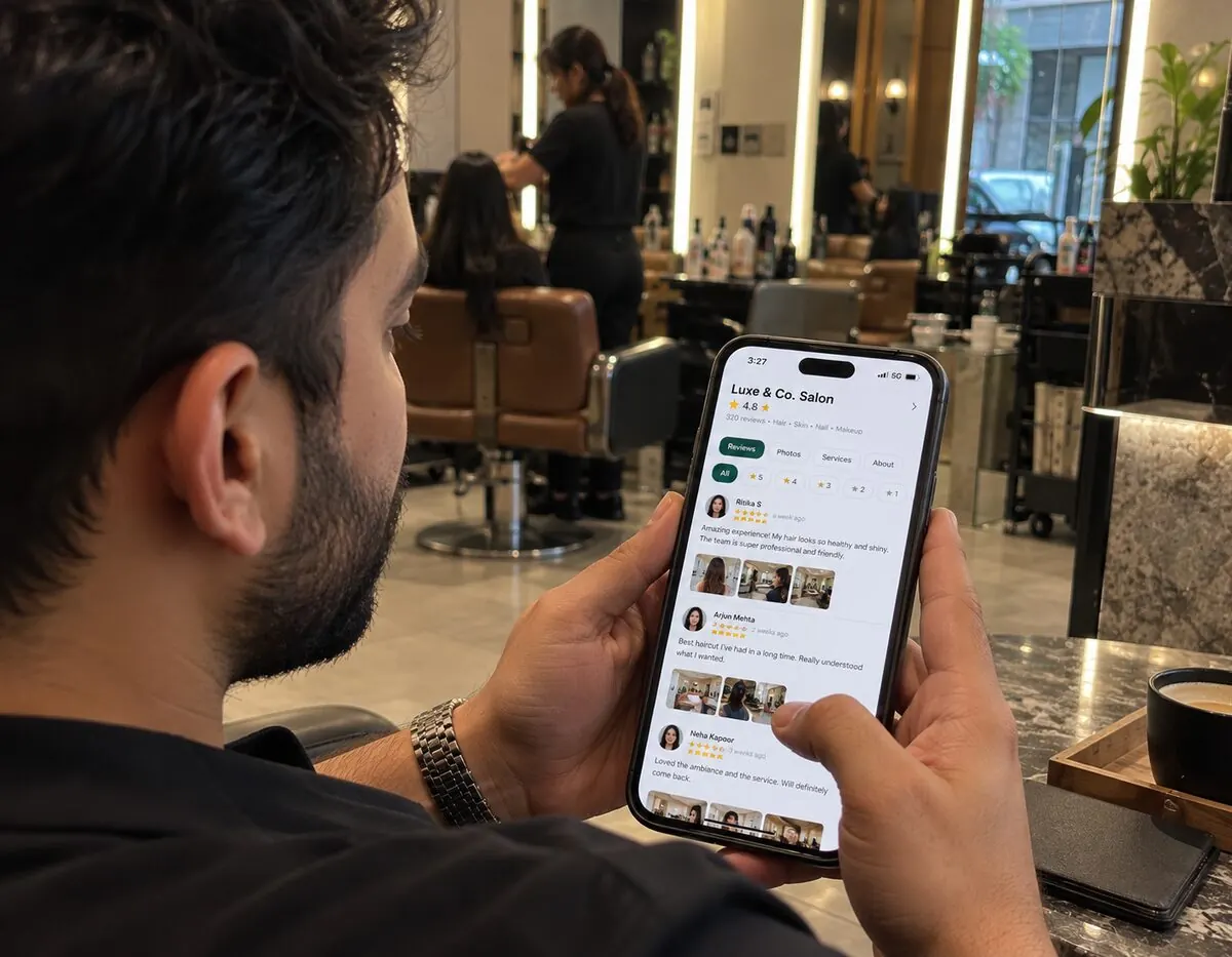 A customer reading ratings and reviews on a salon Stylo profile